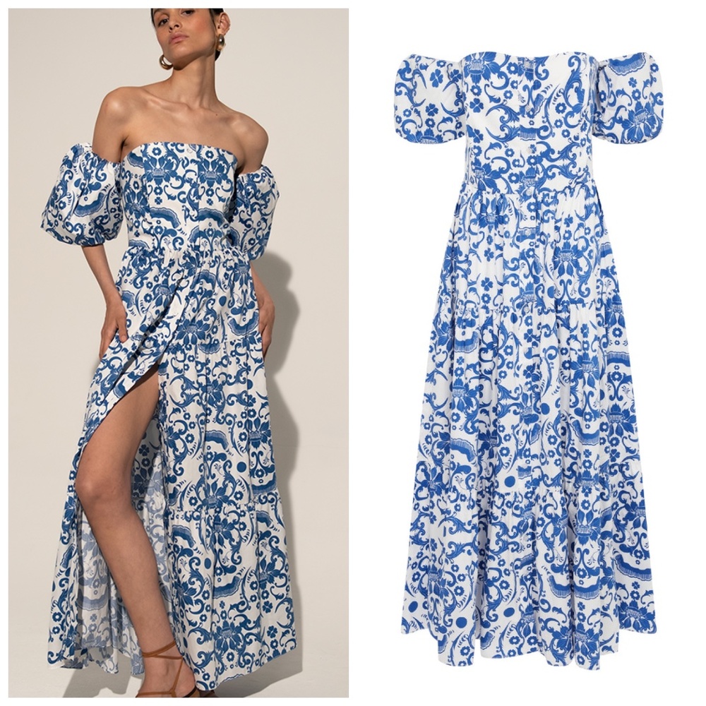 Borgo De Nor Julia Cotton Dress Venezia Blue Off the Shoulder Button UK 12 US 8